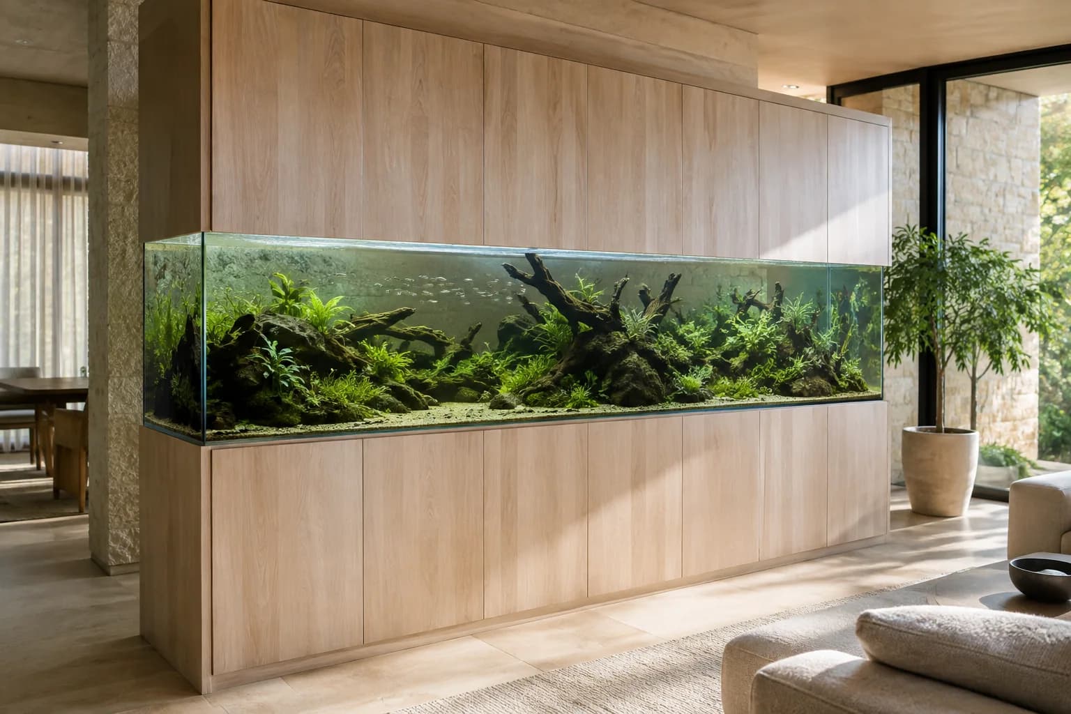 A planted freshwater aquarium set into pale oak cabinetry in a sunlit home.